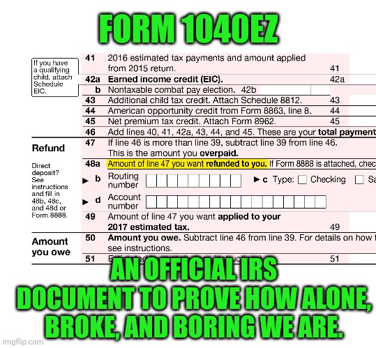 FORM 1040EZ; AN OFFICIAL IRS DOCUMENT TO PROVE HOW ALONE, BROKE, AND BORING WE ARE. | image tagged in 1040 tax form,blank white template | made w/ Imgflip meme maker