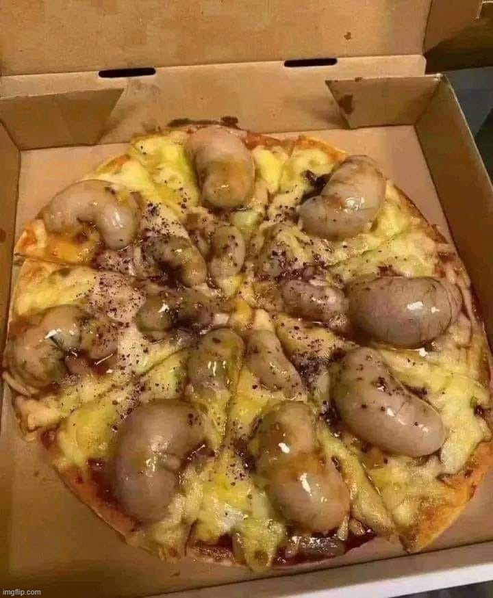 Rocky Mountain Oyster Pizza | image tagged in rocky mountain oysters,pizza from hell,delicacy,vomit,puke,retch | made w/ Imgflip meme maker
