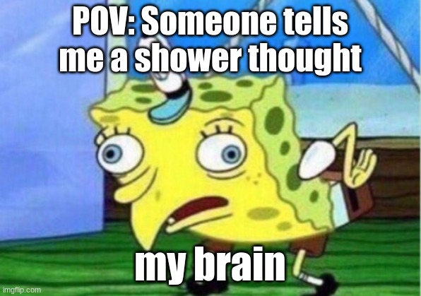 shower thought meme | POV: Someone tells me a shower thought; my brain | image tagged in memes,mocking spongebob | made w/ Imgflip meme maker