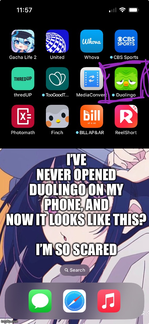 Is my phone gonna get possessed? | I’VE NEVER OPENED DUOLINGO ON MY PHONE, AND NOW IT LOOKS LIKE THIS?
 
I’M SO SCARED | image tagged in duolingo,duolingo bird,creepy asf | made w/ Imgflip meme maker