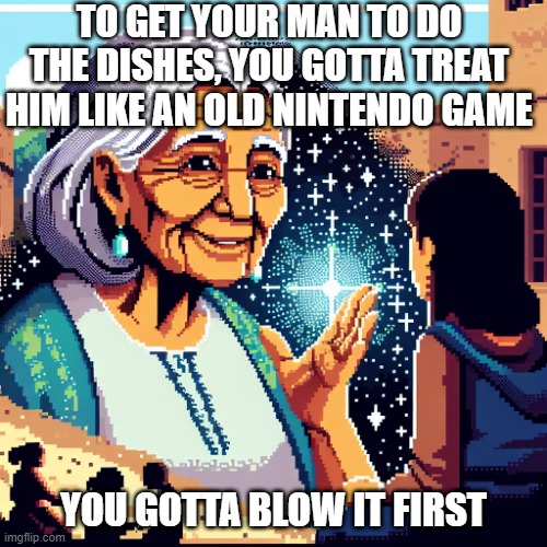 Coax Your Man | TO GET YOUR MAN TO DO THE DISHES, YOU GOTTA TREAT HIM LIKE AN OLD NINTENDO GAME; YOU GOTTA BLOW IT FIRST | image tagged in wise old woman speaking to me | made w/ Imgflip meme maker