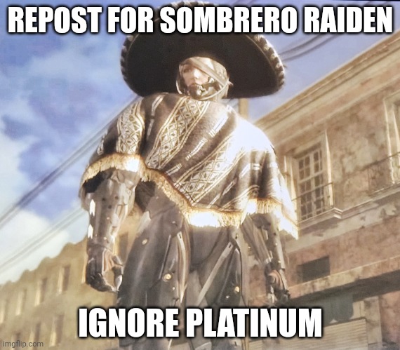 Sombrero Raiden | REPOST FOR SOMBRERO RAIDEN; IGNORE PLATINUM | image tagged in sombrero raiden | made w/ Imgflip meme maker