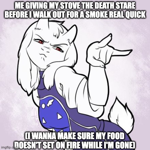 Toriel Stare Reaction Image | ME GIVING MY STOVE THE DEATH STARE BEFORE I WALK OUT FOR A SMOKE REAL QUICK; (I WANNA MAKE SURE MY FOOD DOESN'T SET ON FIRE WHILE I'M GONE) | image tagged in toriel stare reaction image,food,stove,death stare,funny,toriel | made w/ Imgflip meme maker