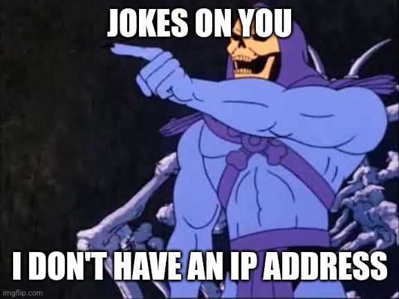 Skeletor | JOKES ON YOU I DON'T HAVE AN IP ADDRESS | image tagged in skeletor | made w/ Imgflip meme maker