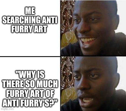 come on, we are LITERALLY the opposite of that! | ME SEARCHING ANTI FURRY ART; "WHY IS THERE SO MUCH FURRY ART OF ANTI FURRY'S?" | image tagged in surpried disapointed man,don't believe me look it up | made w/ Imgflip meme maker