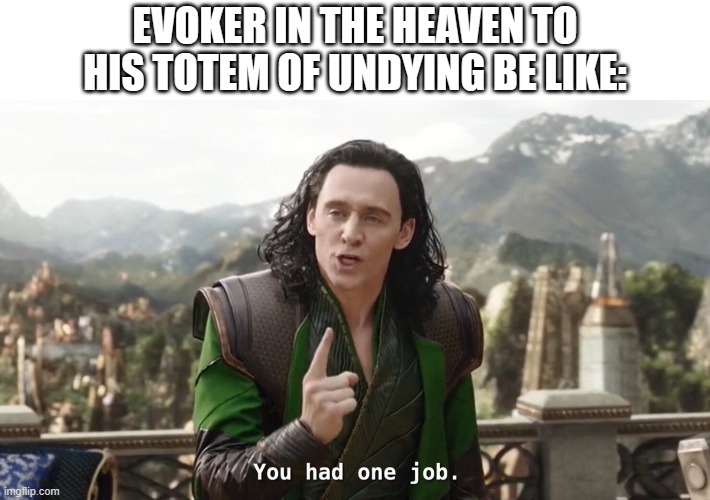 You had one job. Just the one | EVOKER IN THE HEAVEN TO HIS TOTEM OF UNDYING BE LIKE: | image tagged in you had one job just the one | made w/ Imgflip meme maker