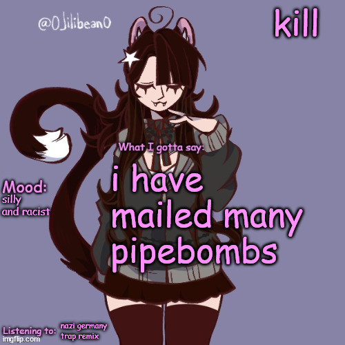 kill; i have mailed many pipebombs; silly and racist; nazi germany trap remix | image tagged in silly_neko annoucment temp | made w/ Imgflip meme maker