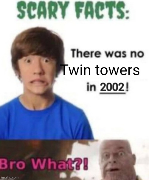 Scary facts | TWIN TOWERS; Twin towers; 2002 | image tagged in scary facts | made w/ Imgflip meme maker