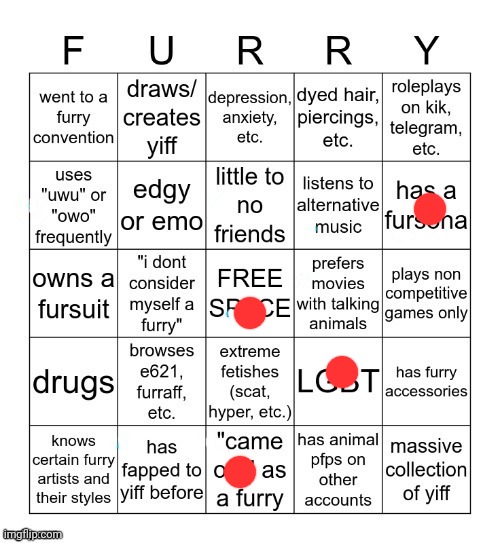 Funny, because I am a furry, yet no bingo | image tagged in furry bingo v2 | made w/ Imgflip meme maker