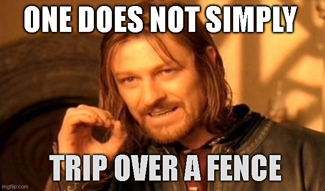 One Does Not Simply | ONE DOES NOT SIMPLY; TRIP OVER A FENCE | image tagged in memes,one does not simply | made w/ Imgflip meme maker