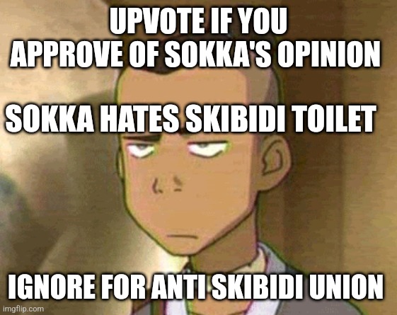 Sokka Disaproves | UPVOTE IF YOU APPROVE OF SOKKA'S OPINION; SOKKA HATES SKIBIDI TOILET; IGNORE FOR ANTI SKIBIDI UNION | image tagged in sokka disaproves | made w/ Imgflip meme maker