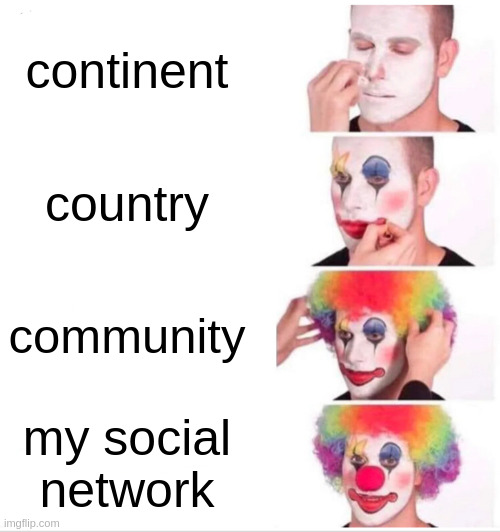 social network | continent; country; community; my social network | image tagged in memes,clown applying makeup | made w/ Imgflip meme maker