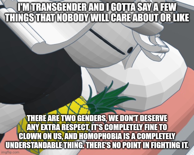 I'M TRANSGENDER AND I GOTTA SAY A FEW THINGS THAT NOBODY WILL CARE ABOUT OR LIKE; THERE ARE TWO GENDERS, WE DON'T DESERVE ANY EXTRA RESPECT, IT'S COMPLETELY FINE TO CLOWN ON US, AND HOMOPHOBIA IS A COMPLETELY UNDERSTANDABLE THING. THERE'S NO POINT IN FIGHTING IT. | made w/ Imgflip meme maker