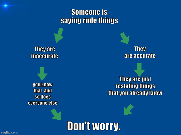 I don't know what to title this. | Someone is saying rude things; They are inaccurate; They are accurate; They are just restating things that you already know; you know that, and so does everyone else; Don't worry. | image tagged in hashtag | made w/ Imgflip meme maker
