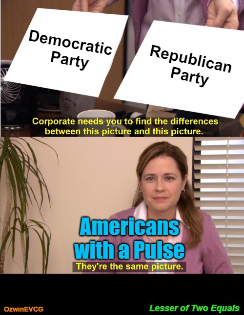 Lesser of Two Equals [NV] | Democratic 

Party; Republican 

Party; Americans with a Pulse; Lesser of Two Equals; OzwinEVCG | image tagged in corporate wants you to find the difference,republican party,occupied usa,democratic party,rigged elections,political theater | made w/ Imgflip meme maker