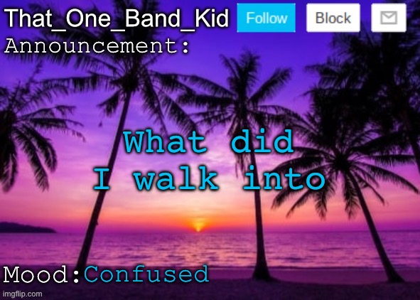 wtf happened | What did I walk into; Confused | image tagged in that_one_band_kid announcement template | made w/ Imgflip meme maker