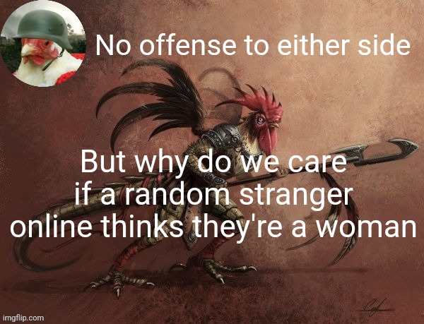 Y'all trying so hard to start drama that don't matter | No offense to either side; But why do we care if a random stranger online thinks they're a woman | image tagged in chicken_warrior announcement template | made w/ Imgflip meme maker