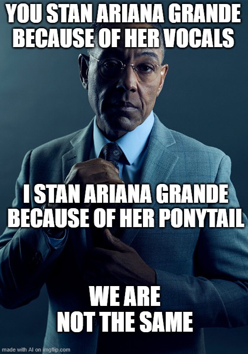 Gus Fring we are not the same | YOU STAN ARIANA GRANDE BECAUSE OF HER VOCALS; I STAN ARIANA GRANDE BECAUSE OF HER PONYTAIL; WE ARE NOT THE SAME | image tagged in gus fring we are not the same | made w/ Imgflip meme maker