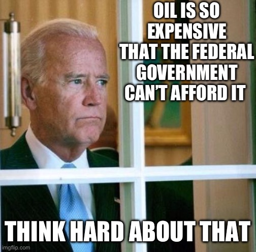 Between bidenflation and excessive spending, we are screwed. | OIL IS SO EXPENSIVE THAT THE FEDERAL GOVERNMENT CAN’T AFFORD IT; THINK HARD ABOUT THAT | image tagged in sad joe biden,politics,government corruption,oil,national debt,puppies and kittens | made w/ Imgflip meme maker