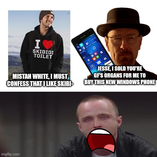Breking good 96 | JESSE, I SOLD YOU'RE GF'S ORGANS FOR ME TO BUY THIS NEW WINDOWS PHONE; MISTAH WHITE, I MUST CONFESS THAT I LIKE SKIBI- | image tagged in breaking bad | made w/ Imgflip meme maker