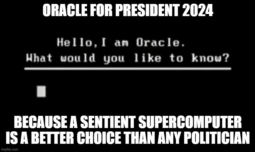 Oracle Meme | ORACLE FOR PRESIDENT 2024; BECAUSE A SENTIENT SUPERCOMPUTER IS A BETTER CHOICE THAN ANY POLITICIAN | image tagged in oracle,computer | made w/ Imgflip meme maker