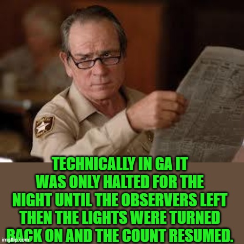 no country for old men tommy lee jones | TECHNICALLY IN GA IT WAS ONLY HALTED FOR THE NIGHT UNTIL THE OBSERVERS LEFT THEN THE LIGHTS WERE TURNED BACK ON AND THE COUNT RESUMED. | image tagged in no country for old men tommy lee jones | made w/ Imgflip meme maker