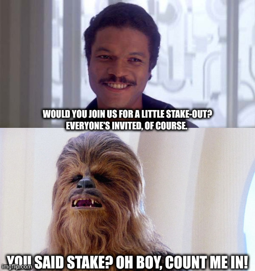 Always thinking with your stomach | WOULD YOU JOIN US FOR A LITTLE STAKE-OUT? 
EVERYONE'S INVITED, OF COURSE. YOU SAID STAKE? OH BOY, COUNT ME IN! | image tagged in lando belong here among the clouds,chewbacca,stomach,for really big mistakes,it's a trap | made w/ Imgflip meme maker