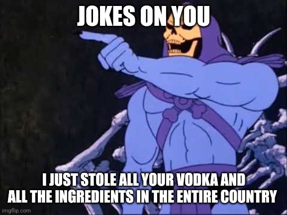 Skeletor | JOKES ON YOU I JUST STOLE ALL YOUR VODKA AND ALL THE INGREDIENTS IN THE ENTIRE COUNTRY | image tagged in skeletor | made w/ Imgflip meme maker