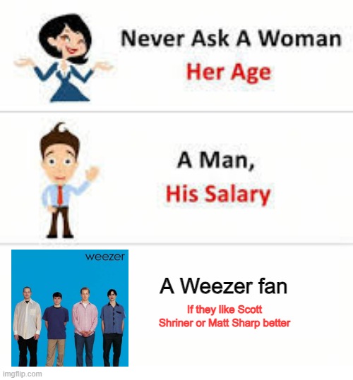 Never ask a woman her age | A Weezer fan; If they like Scott Shriner or Matt Sharp better | image tagged in never ask a woman her age | made w/ Imgflip meme maker