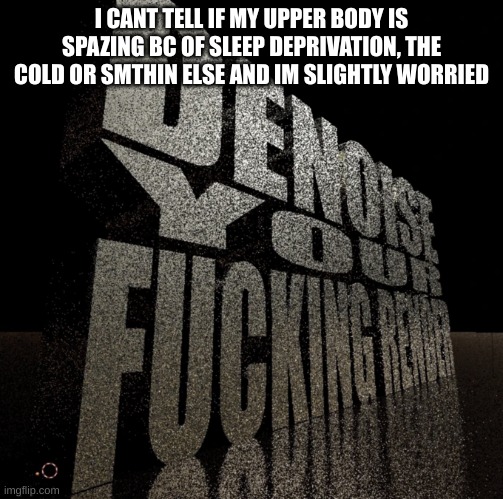 denoise your fucking render | I CANT TELL IF MY UPPER BODY IS SPAZING BC OF SLEEP DEPRIVATION, THE COLD OR SMTHIN ELSE AND IM SLIGHTLY WORRIED | image tagged in denoise your fucking render | made w/ Imgflip meme maker
