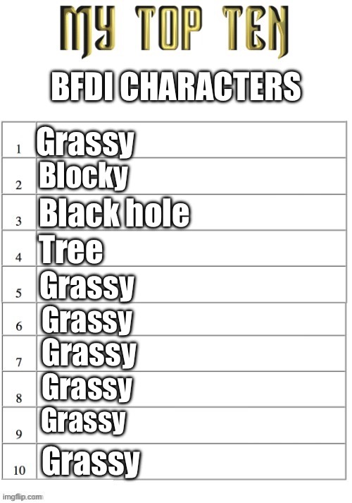 Top ten list better | BFDI CHARACTERS; Grassy; Blocky; Black hole; Tree; Grassy; Grassy; Grassy; Grassy; Grassy; Grassy | image tagged in top ten list better | made w/ Imgflip meme maker