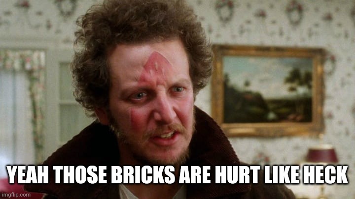 Marv Home Alone Christmas | YEAH THOSE BRICKS ARE HURT LIKE HECK | image tagged in marv home alone christmas | made w/ Imgflip meme maker