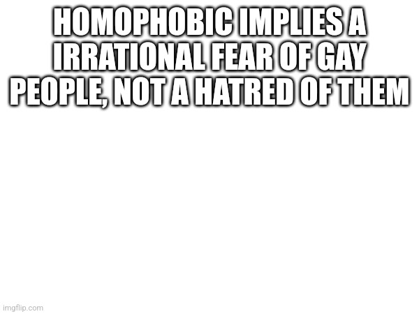 HOMOPHOBIC IMPLIES A IRRATIONAL FEAR OF GAY PEOPLE, NOT A HATRED OF THEM | made w/ Imgflip meme maker