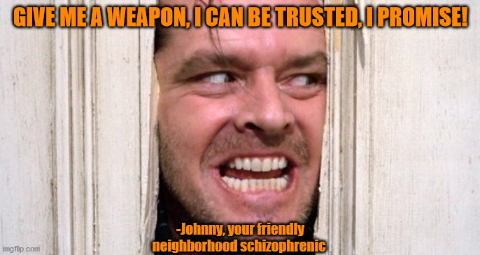 asdf | GIVE ME A WEAPON, I CAN BE TRUSTED, I PROMISE! -Johnny, your friendly neighborhood schizophrenic | image tagged in funny | made w/ Imgflip meme maker