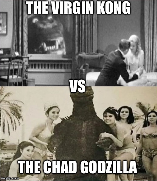 Kong vs Godzilla | THE VIRGIN KONG; VS; THE CHAD GODZILLA | image tagged in fun,godzilla,king kong | made w/ Imgflip meme maker