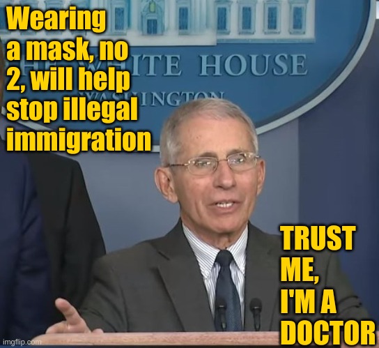 Dr Fauci | Wearing a mask, no 2, will help stop illegal immigration TRUST ME, I'M A DOCTOR | image tagged in dr fauci | made w/ Imgflip meme maker