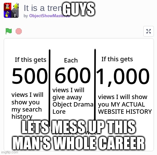 LETS DO THIS: https://scratch.mit.edu/projects/990873783 | GUYS; LETS MESS UP THIS MAN'S WHOLE CAREER | image tagged in yea | made w/ Imgflip meme maker