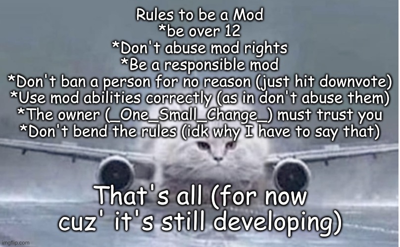 Mod Application Form | Rules to be a Mod
*be over 12
*Don't abuse mod rights
*Be a responsible mod
*Don't ban a person for no reason (just hit downvote)
*Use mod abilities correctly (as in don't abuse them)
*The owner (_One_Small_Change_) must trust you
*Don't bend the rules (idk why I have to say that); That's all (for now cuz' it's still developing) | made w/ Imgflip meme maker