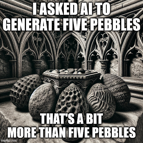 thats a bit more than five pebbles. | I ASKED AI TO GENERATE FIVE PEBBLES; THAT'S A BIT MORE THAN FIVE PEBBLES | image tagged in artificial intelligence | made w/ Imgflip meme maker