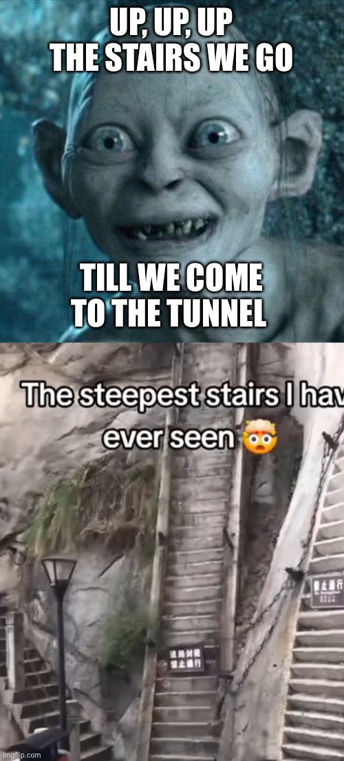 UP, UP, UP THE STAIRS WE GO; TILL WE COME TO THE TUNNEL | image tagged in excited gollum | made w/ Imgflip meme maker