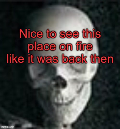 . | Nice to see this place on fire like it was back then | image tagged in skull | made w/ Imgflip meme maker