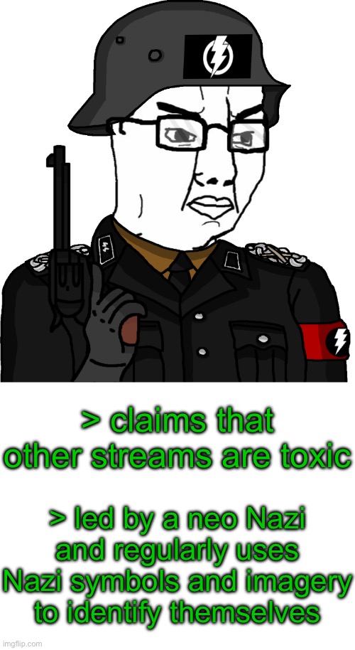 Just type AMT in the meme generator and continue scrolling | > claims that other streams are toxic; > led by a neo Nazi and regularly uses Nazi symbols and imagery to identify themselves | image tagged in amt poljak | made w/ Imgflip meme maker