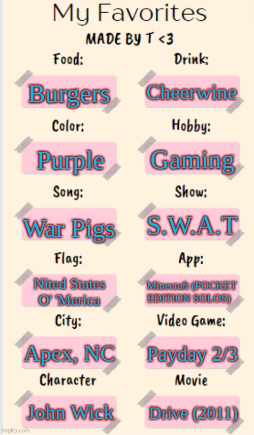 Might as well try this out | Cheerwine; Burgers; Gaming; Purple; War Pigs; S.W.A.T; Nited States O' 'Merica; Minecraft (POCKET EDITION SOLOS); Apex, NC; Payday 2/3; John Wick; Drive (2011) | image tagged in favorite,favorites | made w/ Imgflip meme maker
