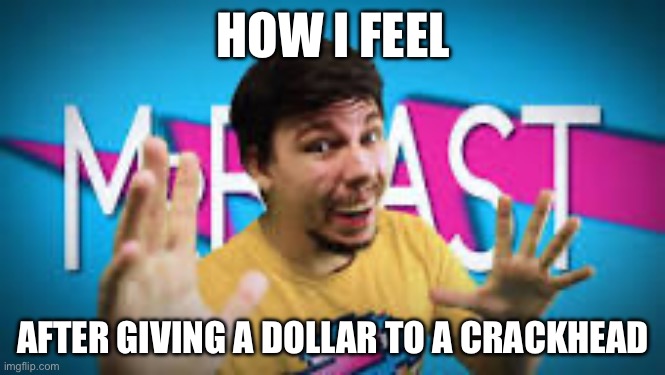 Crackhead | HOW I FEEL; AFTER GIVING A DOLLAR TO A CRACKHEAD | image tagged in mr beast meme,dollar,crackhead | made w/ Imgflip meme maker
