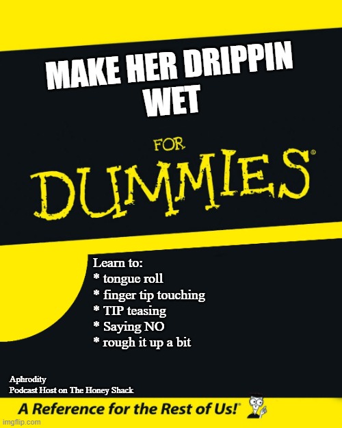 For Dummies | MAKE HER DRIPPIN
WET; Learn to:
* tongue roll
* finger tip touching
* TIP teasing
* Saying NO
* rough it up a bit; Aphrodity
Podcast Host on The Honey Shack | image tagged in for dummies | made w/ Imgflip meme maker