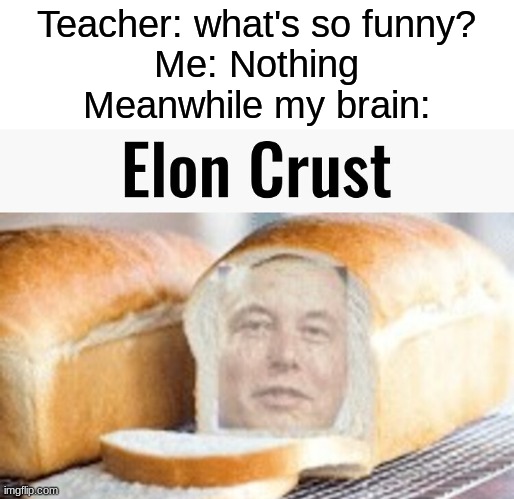 elon crust | Teacher: what's so funny?
Me: Nothing
Meanwhile my brain: | image tagged in memes,funny,school,elon musk,relatable | made w/ Imgflip meme maker