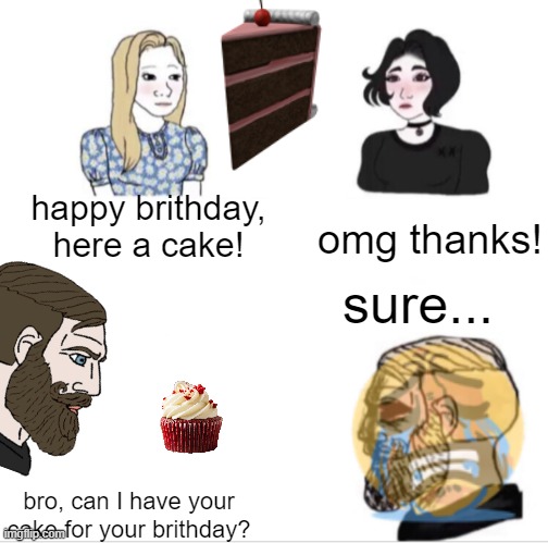 I used a speech bubble cropped to make a white rectangle | happy brithday, here a cake! omg thanks! sure... bro, can I have your cake for your brithday? | image tagged in girls vs boys sad meme template | made w/ Imgflip meme maker