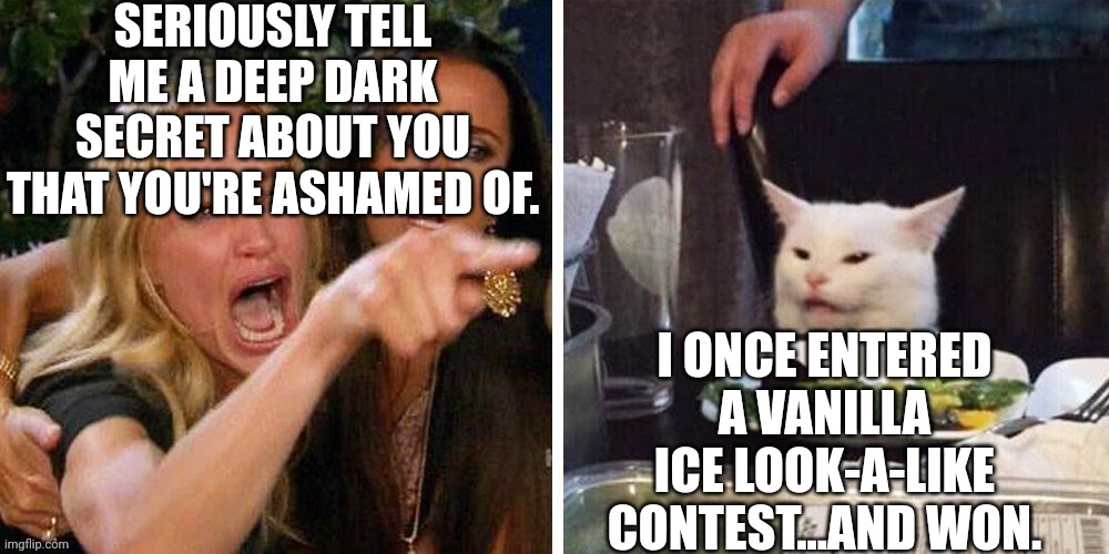 Smudge that darn cat with Karen | SERIOUSLY TELL ME A DEEP DARK SECRET ABOUT YOU THAT YOU'RE ASHAMED OF. I ONCE ENTERED A VANILLA ICE LOOK-A-LIKE CONTEST...AND WON. | image tagged in smudge that darn cat with karen | made w/ Imgflip meme maker