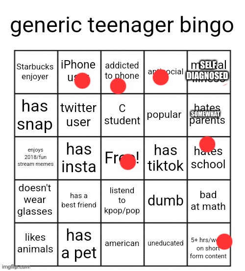 generic teenager bingo | SOMEWHAT; SELF DIAGNOSED | image tagged in generic teenager bingo | made w/ Imgflip meme maker