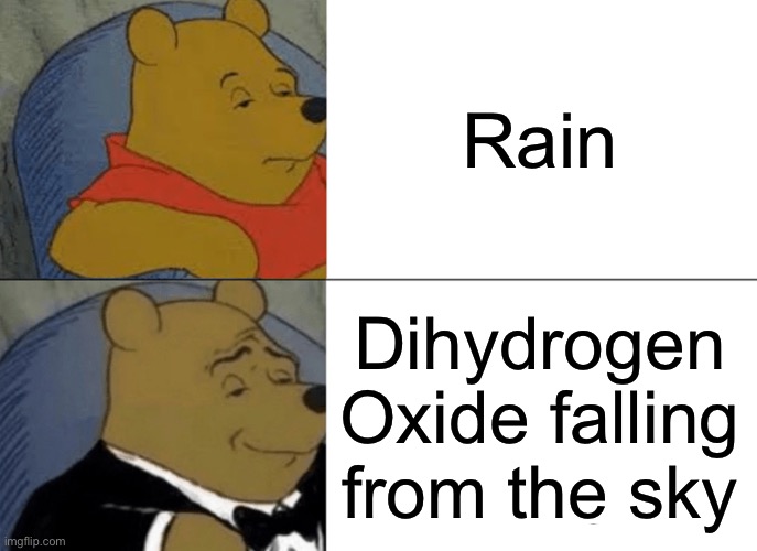 Fancy rain | Rain; Dihydrogen Oxide falling from the sky | image tagged in memes,tuxedo winnie the pooh | made w/ Imgflip meme maker